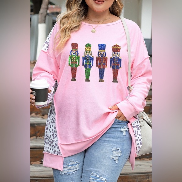 Plus Size Sequin Nutcracker Leopard Exposed Seam Sweatshirt - Picture 1 of 3